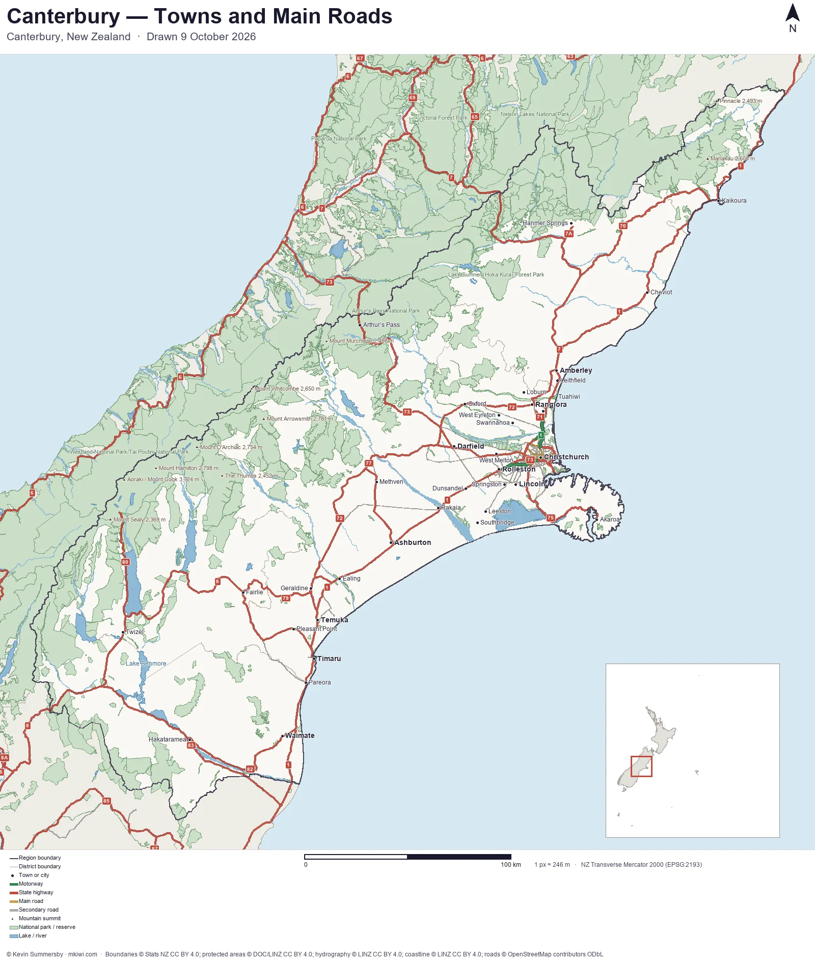 Map of Canterbury, New Zealand &mdash; towns, main roads, parks and lakes