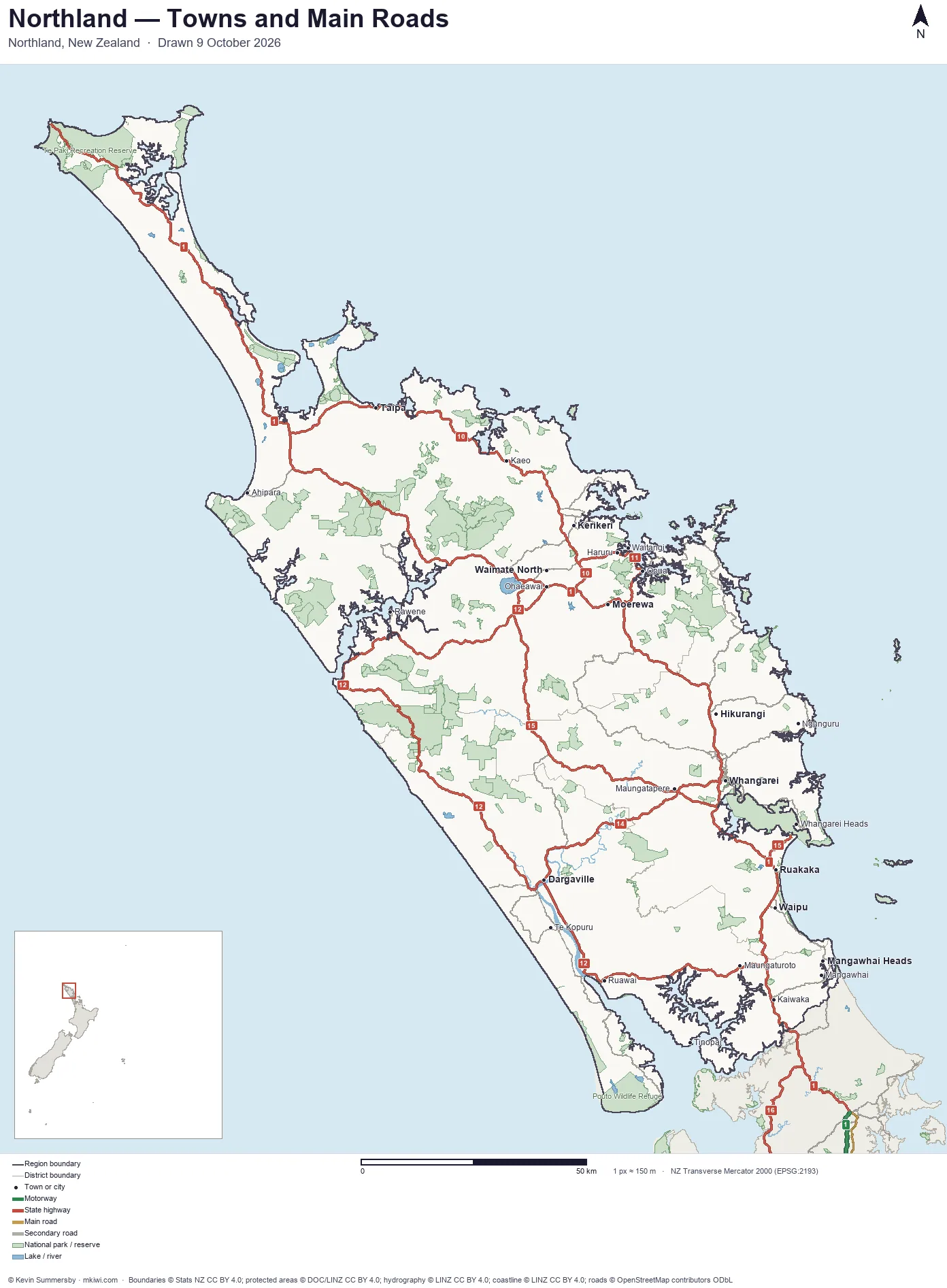 Map of Northland, New Zealand &mdash; towns, main roads, parks and lakes