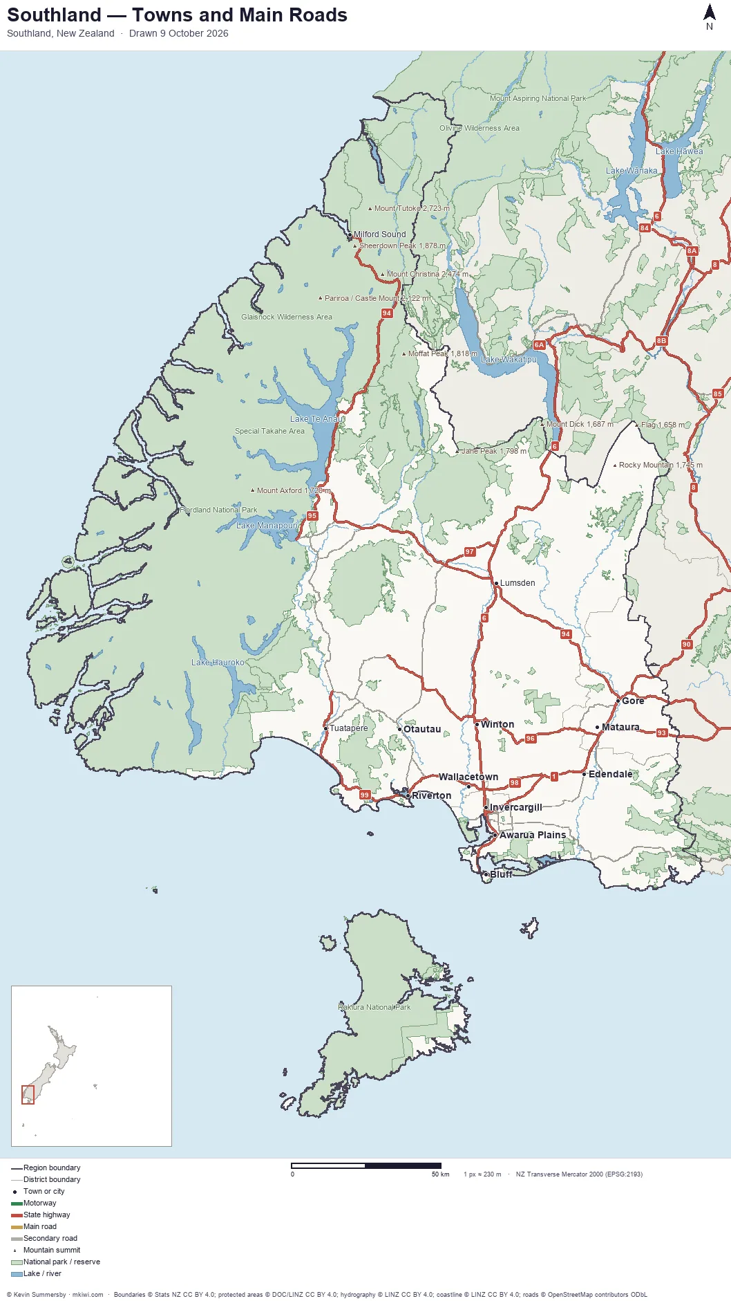 Map of Southland, New Zealand &mdash; towns, main roads, parks and lakes