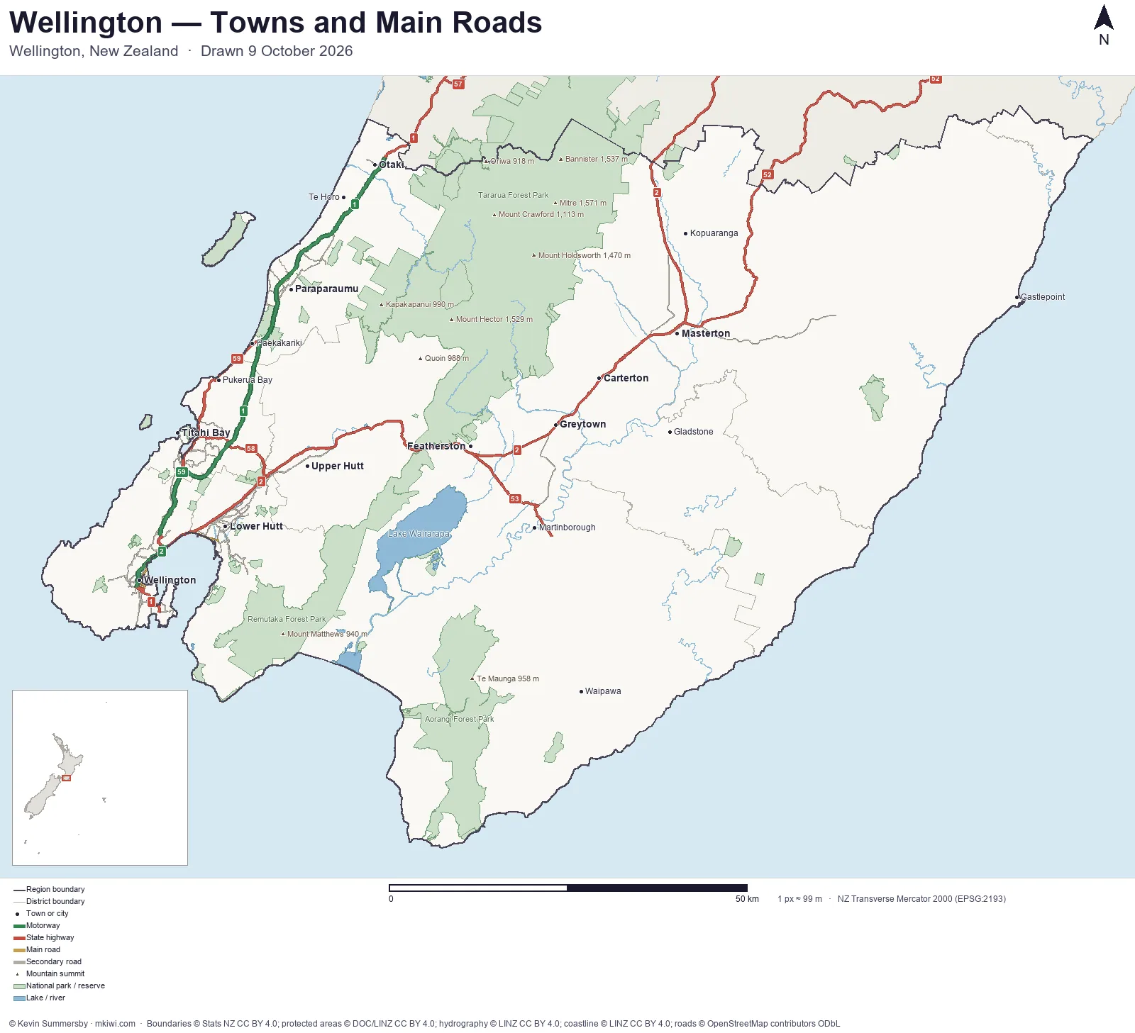 Map of Wellington, New Zealand &mdash; towns, main roads, parks and lakes