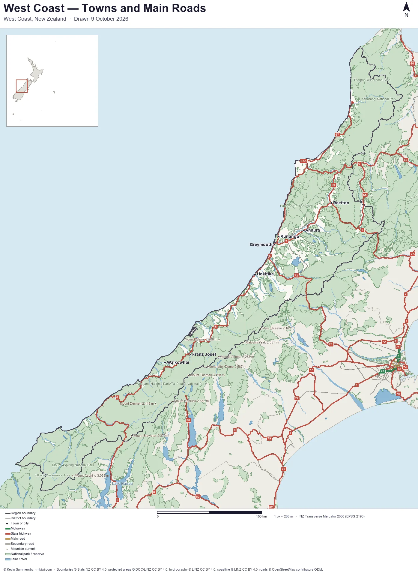 Map of West Coast, New Zealand &mdash; towns, main roads, parks and lakes