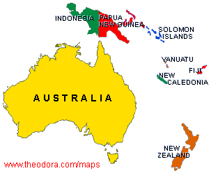 A map of Australia, New Zealand and Pacific Islands