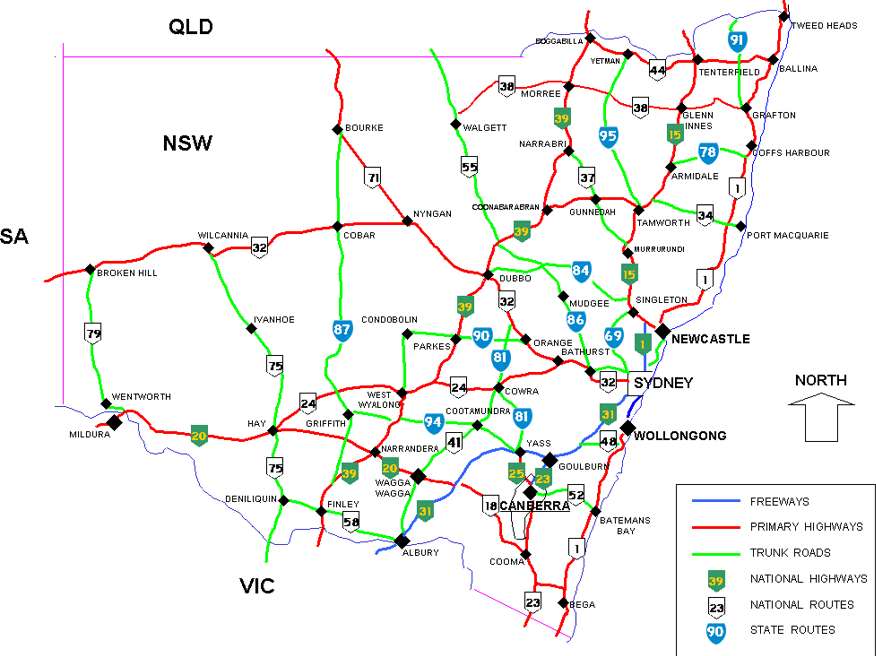 A road map of the State of New South Wales, Australia including Canberra, Newcastle, Sydney and Wollongong