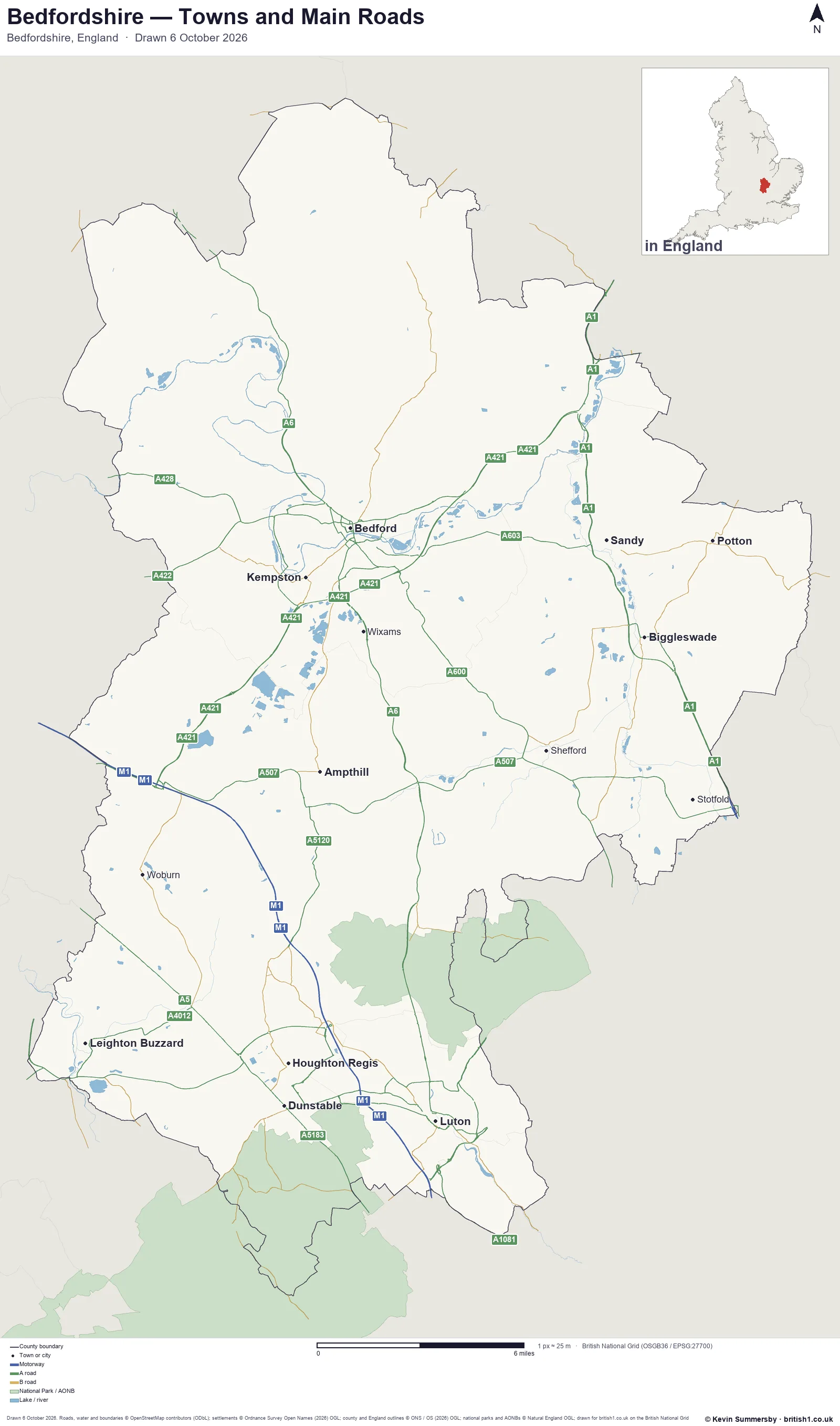 Map of Bedfordshire, England, showing towns, main roads and county boundaries