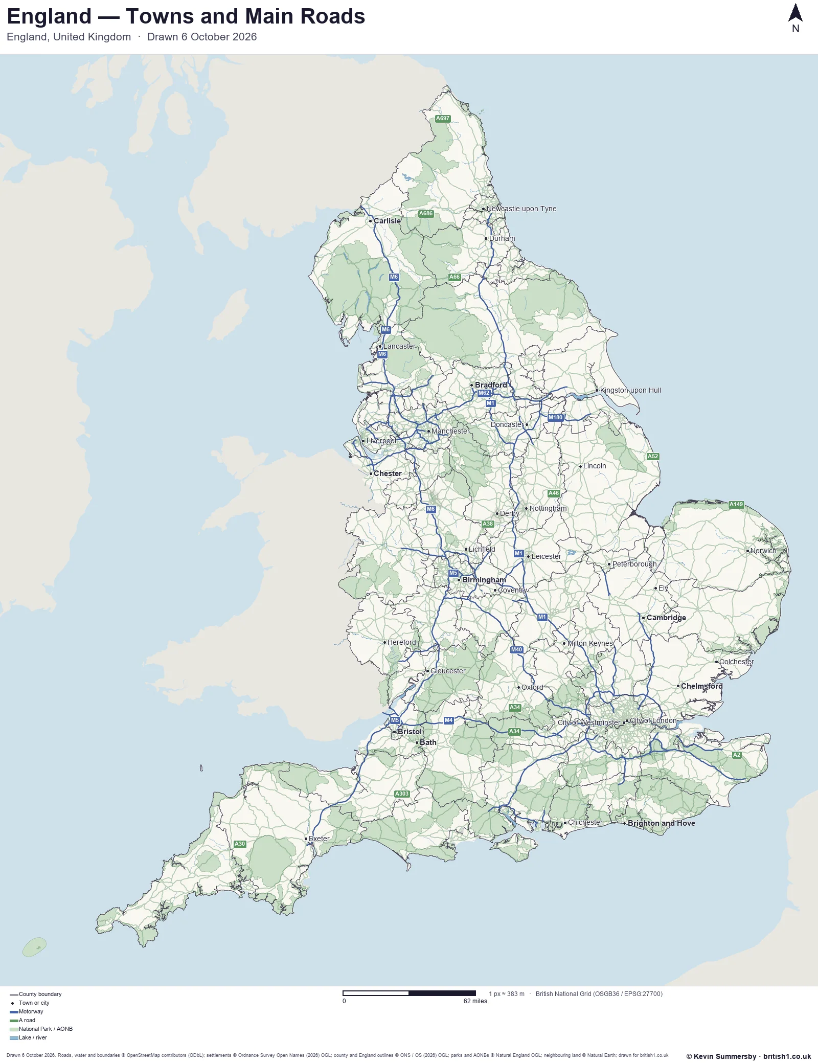 Map of England showing towns, main roads and county boundaries