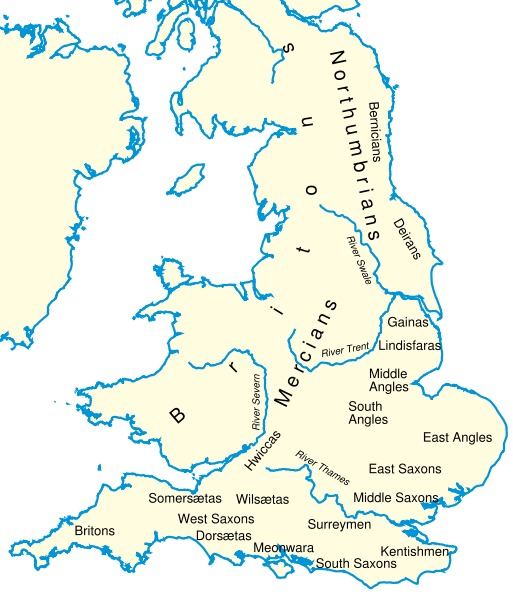 Kingdoms and Tribes of England and Wales circa AD 600 map