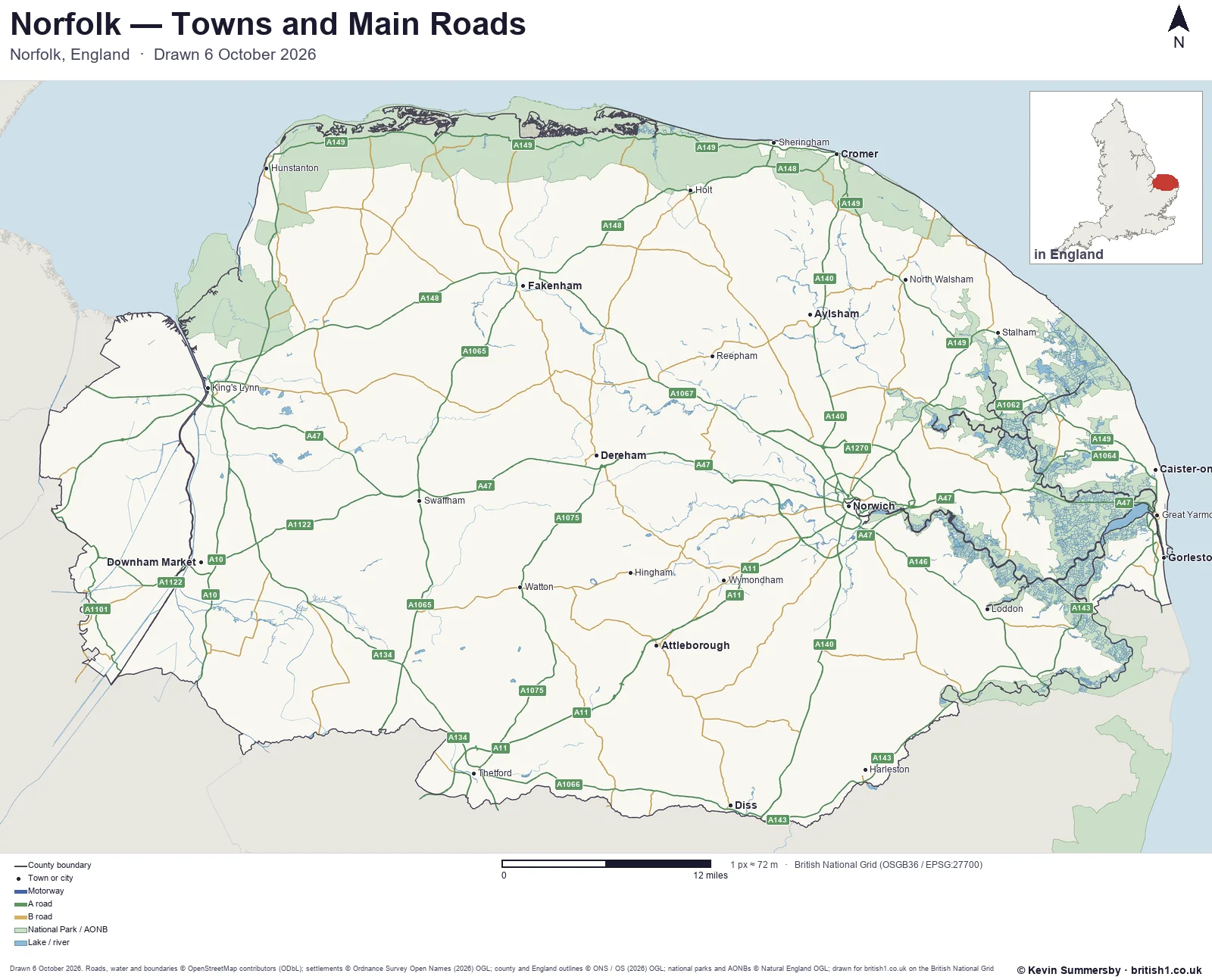 Map of Norfolk, England, showing towns, main roads and county boundaries