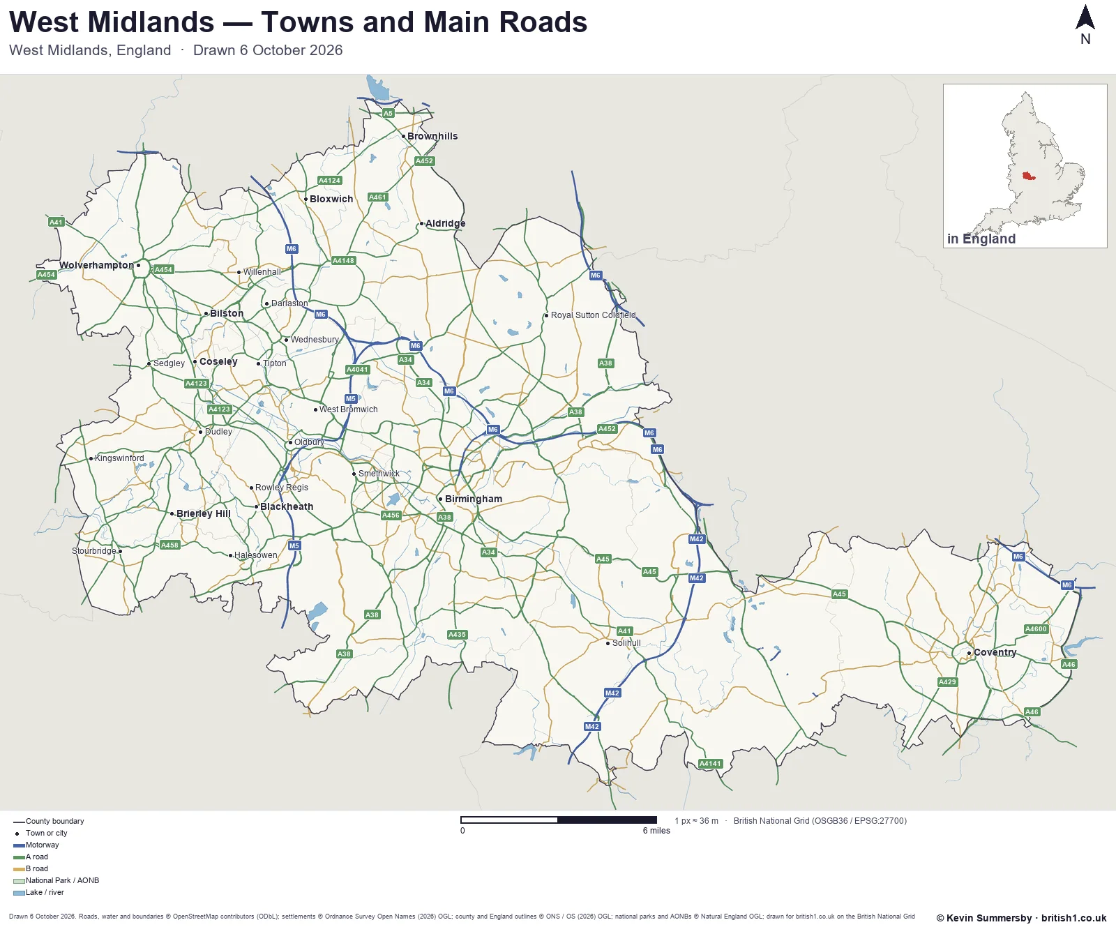 Map of West Midlands, England, showing towns, main roads and county boundaries