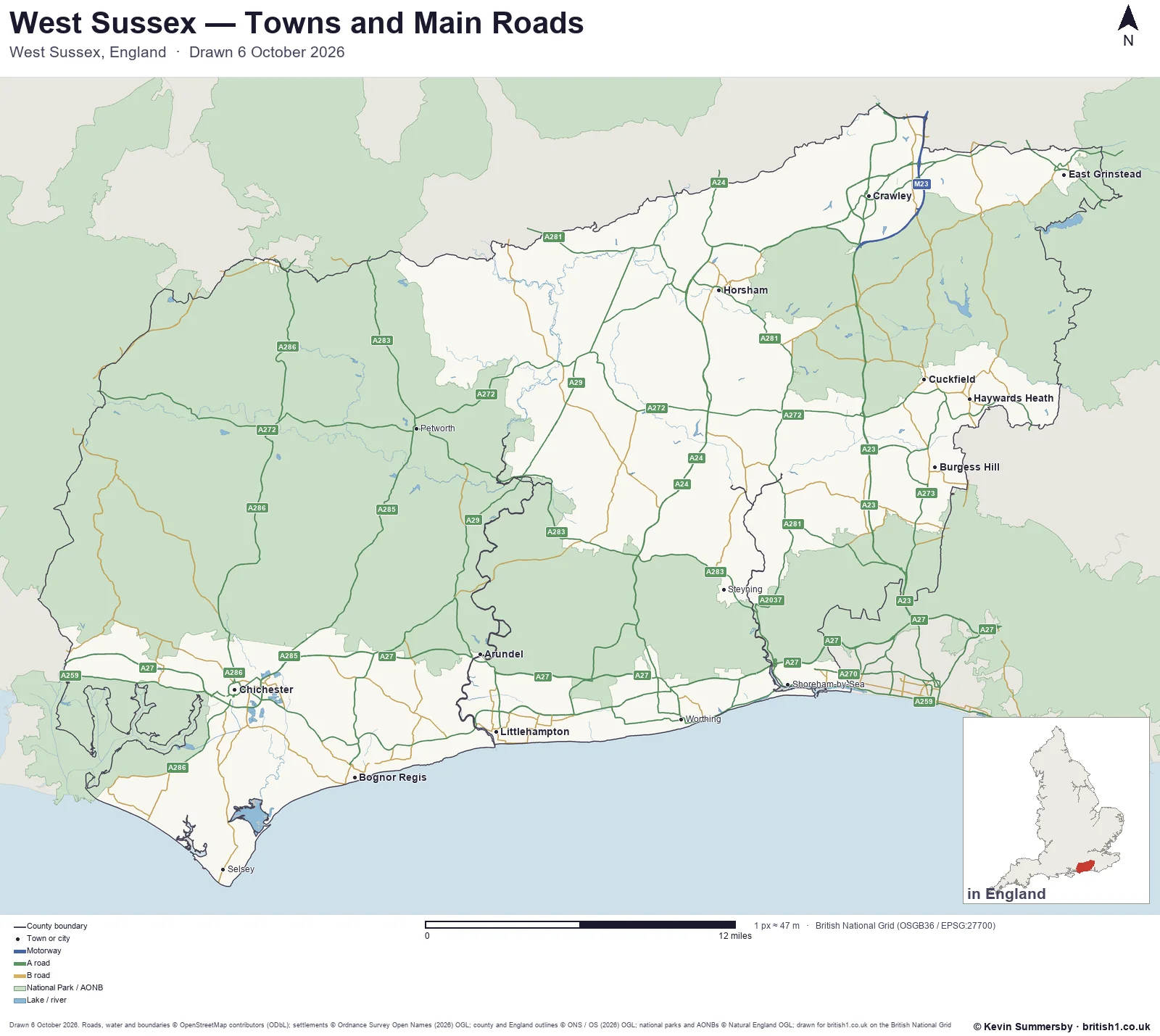 Map of West Sussex, England, showing towns, main roads and county boundaries