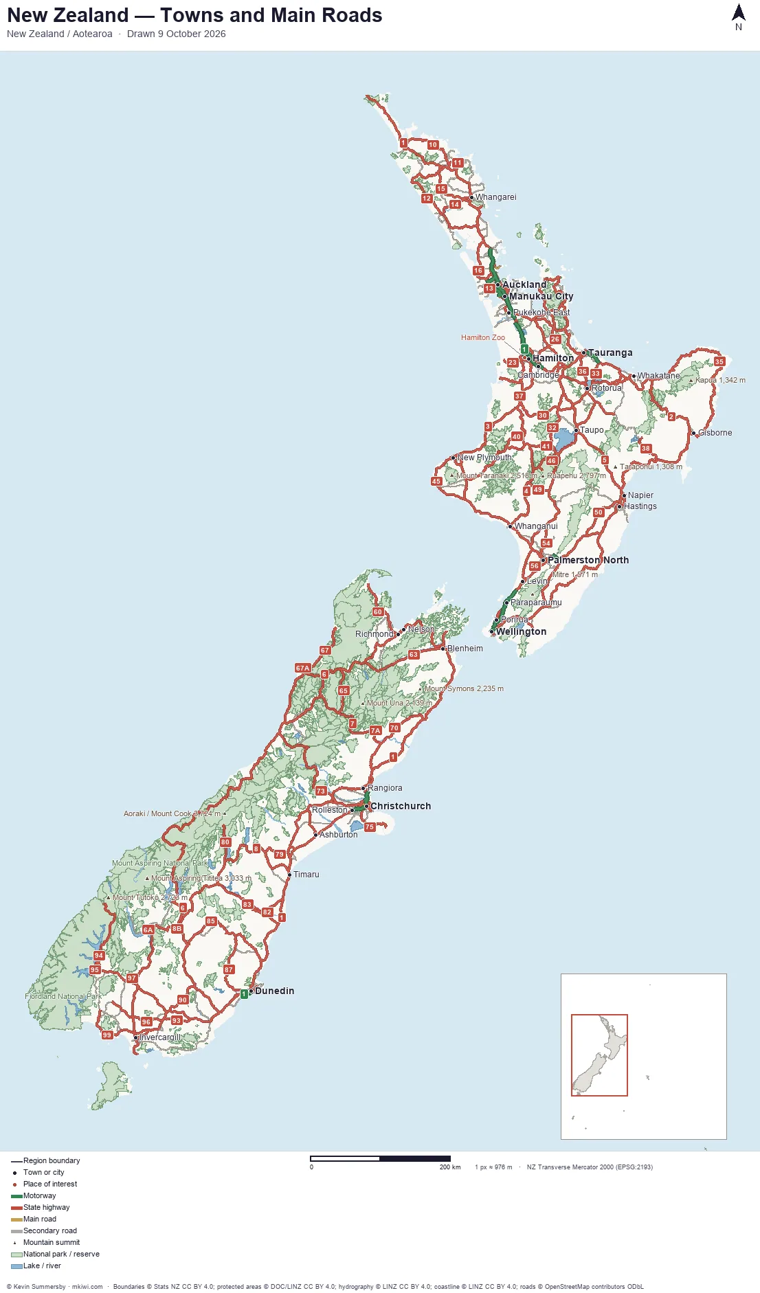 Map of New Zealand &mdash; towns, state highways, national parks and lakes