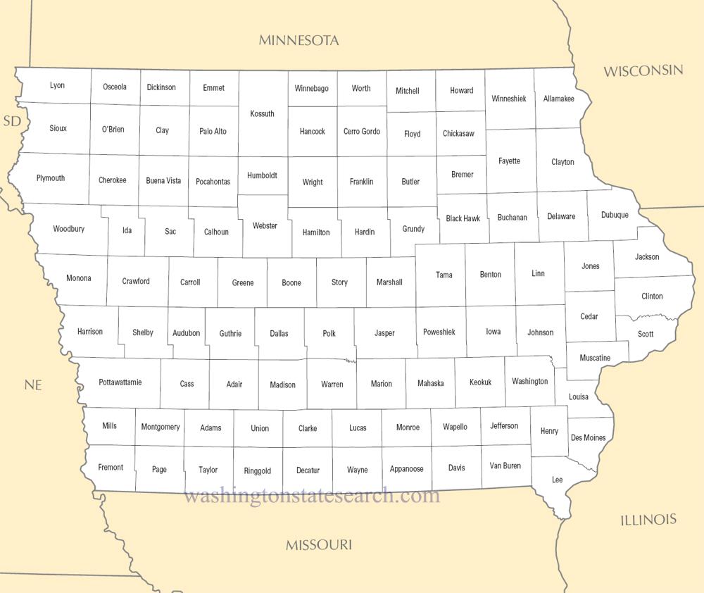 A large detailed Iowa State County Map