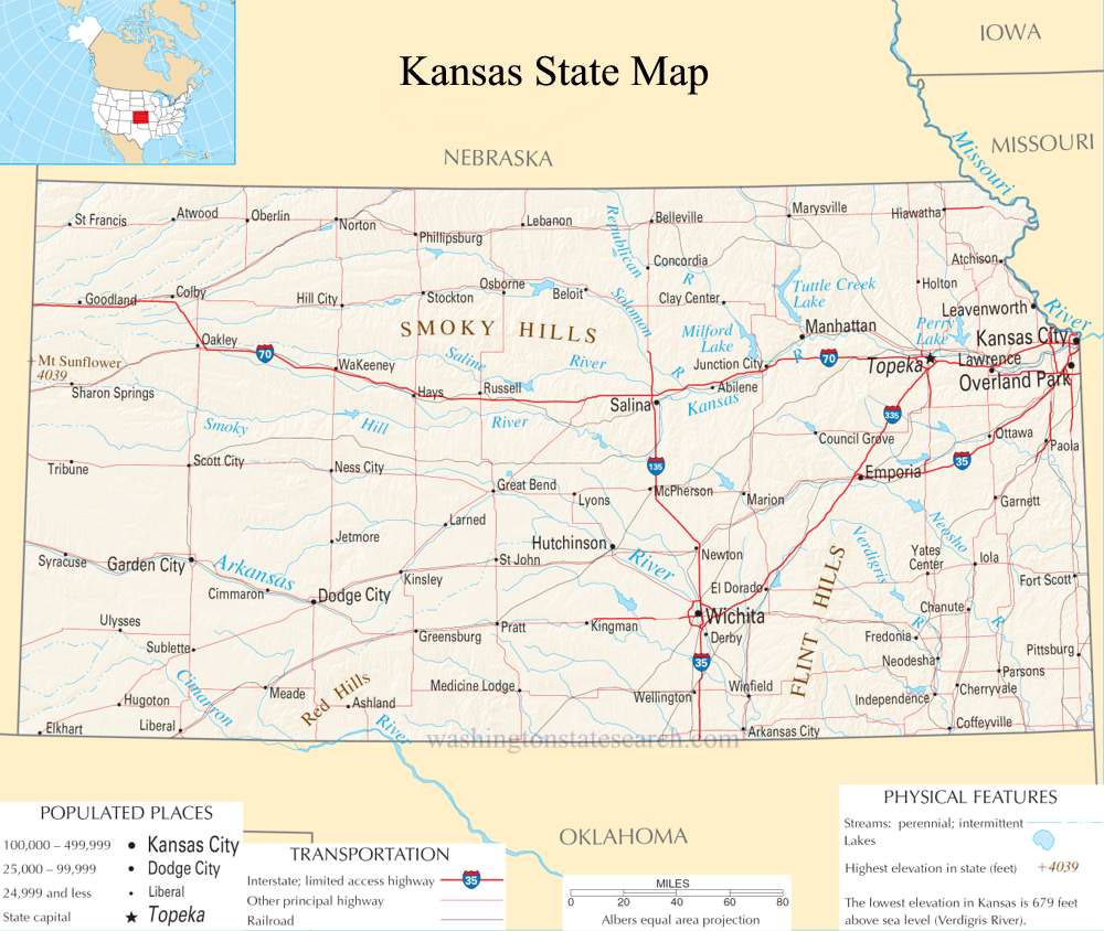 A large detailed map of Kansas State.