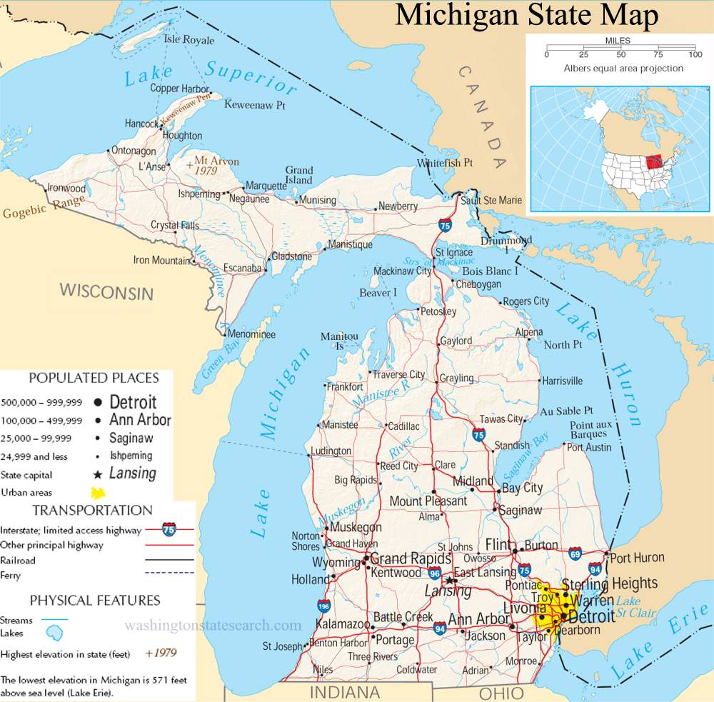 A large detailed map of Michigan State.