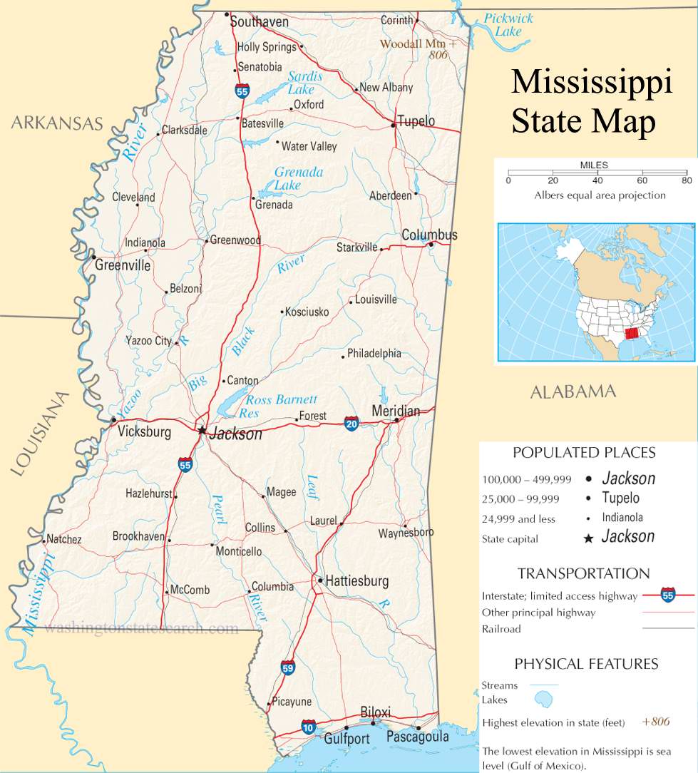 A large detailed map of Mississippi State.