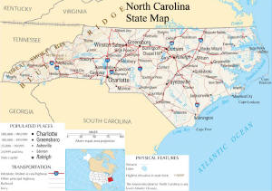A large map of North Carolina State USA