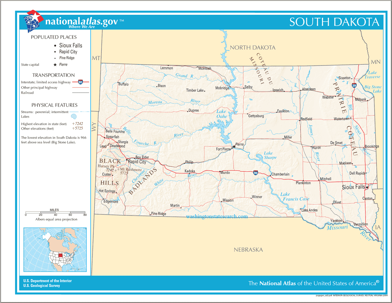 Map of South Dakota State.