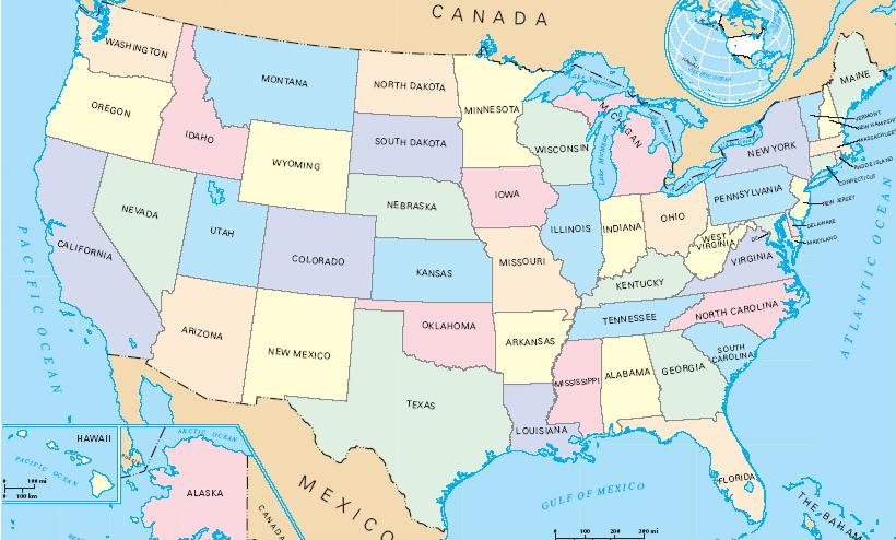 A large detailed map of the United States of America.