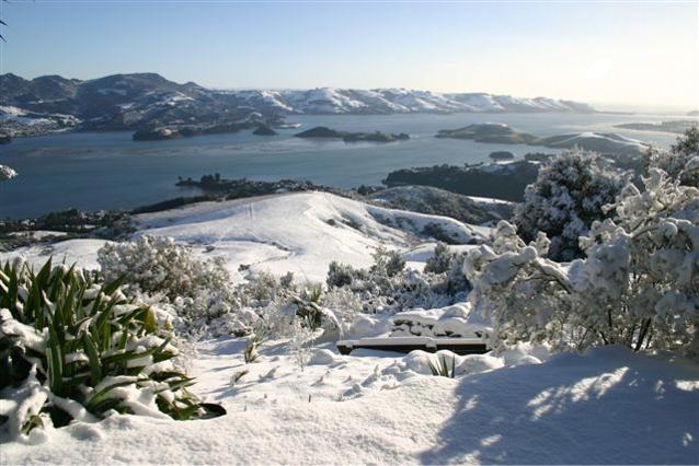 Photograph of Otago Peninsula from the grounds of Larnach Castle in winter