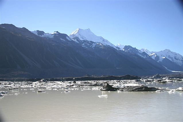 Tasman Glacier, the glacier lake and Mount Cook